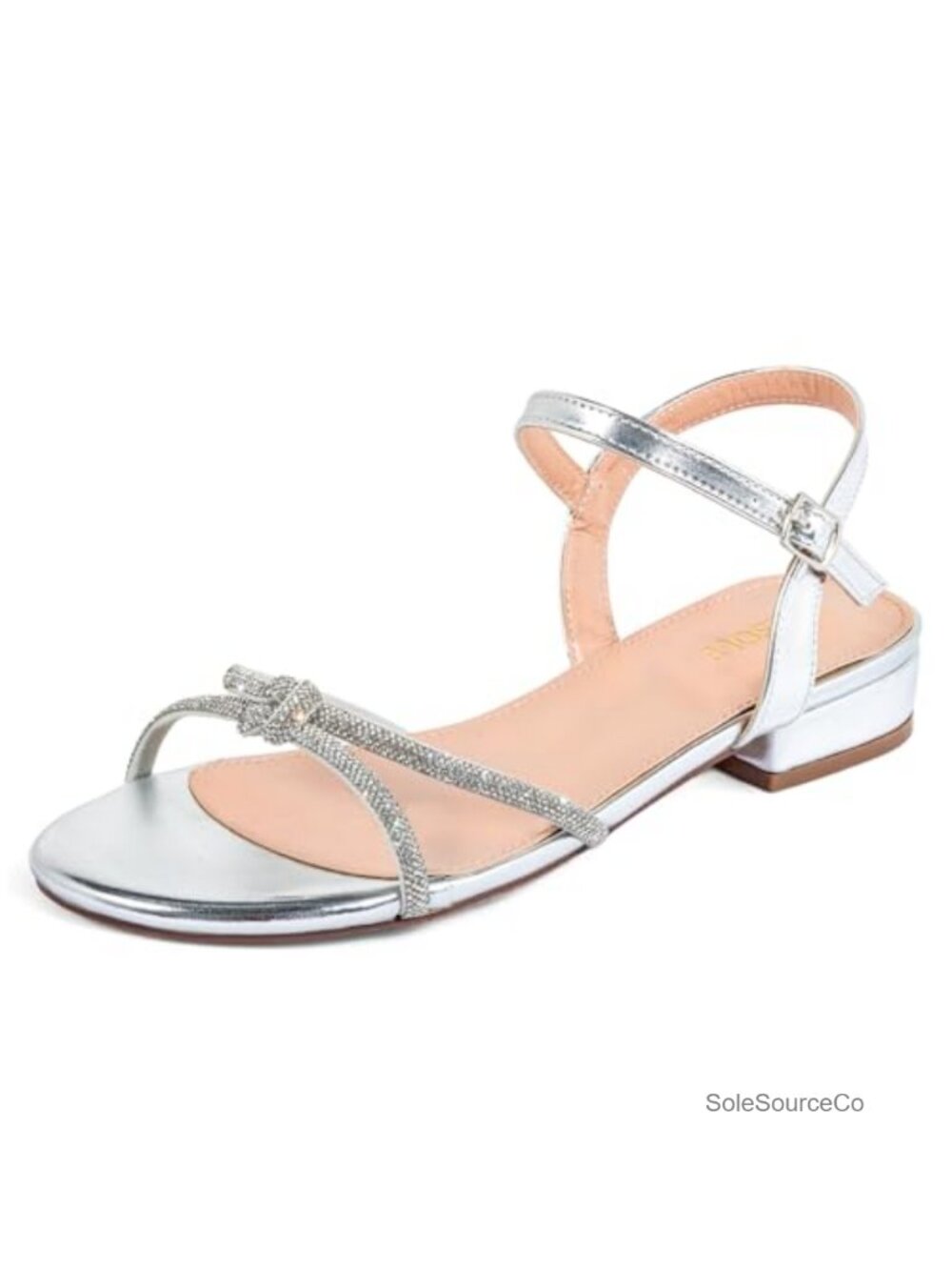 Wide Width Rhinestone Low Block Heel Sandals Metallic PU Leather
